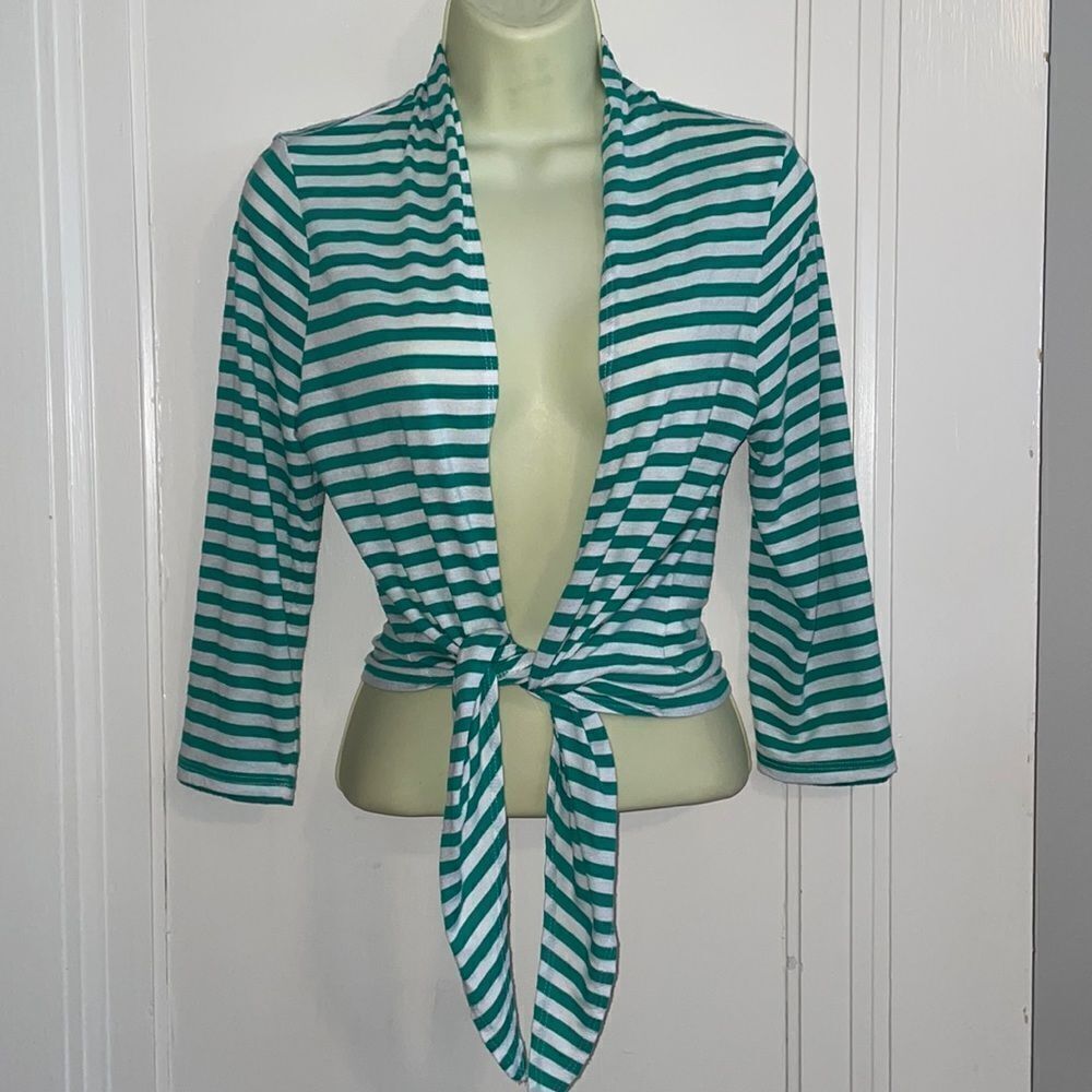 Chico’s thin green & white striped tie front cardigan with 3/4 sleeves